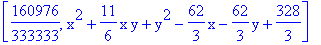 [160976/333333, x^2+11/6*x*y+y^2-62/3*x-62/3*y+328/3]